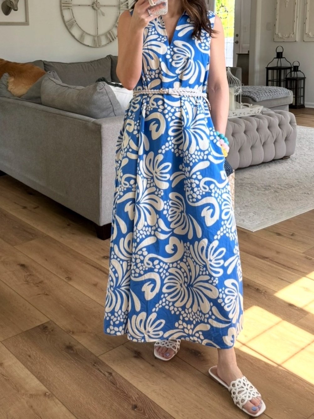 Blue & White Floral Maxi Dress - Sleeveless V-Neck Fully lined 🎆